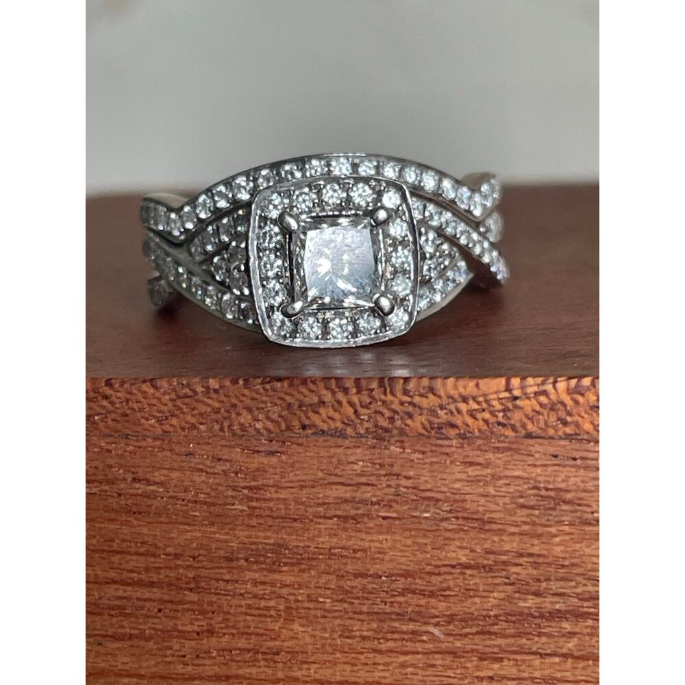 14 karat white gold, diamond halo engagement wedding ring set .61 center - Picture 14 of 16